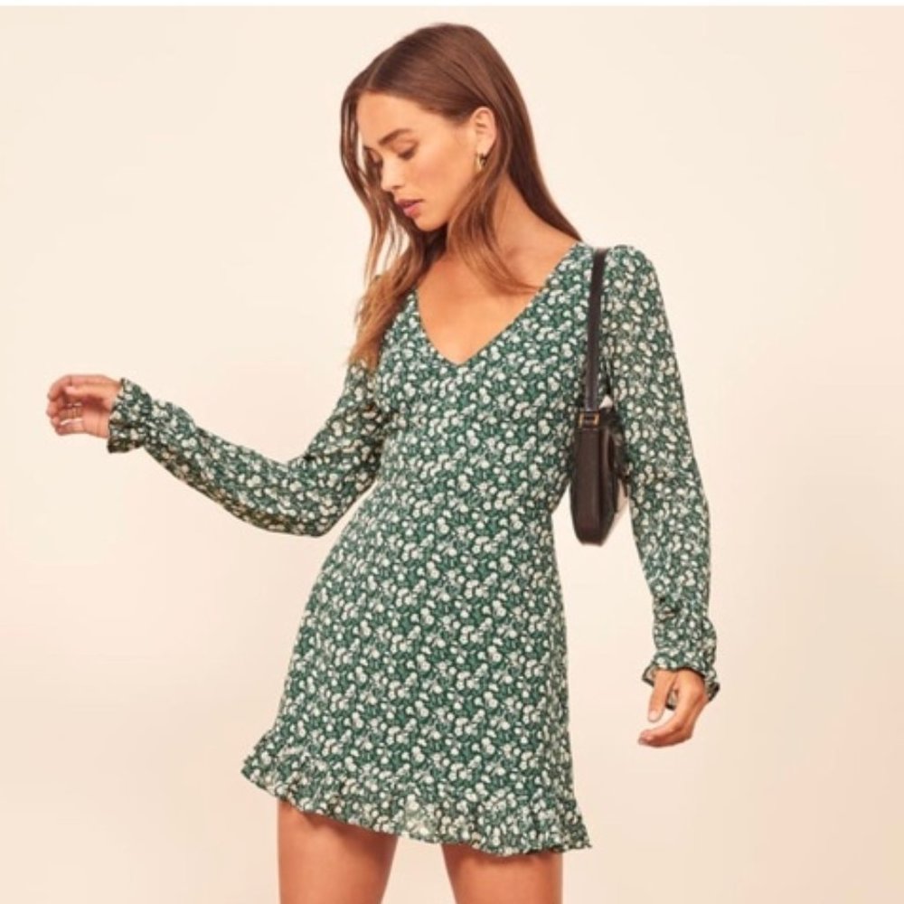 NWT Reformation Elenor Vancouver Green Floral Long Sleeve Crepe Mini-Dress